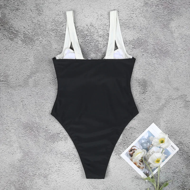 Beach Style Black White One Piece Swimsuit Summer Sexy Backless Bikini Set New Solid Shoulder Strap Swimming Suit For Women