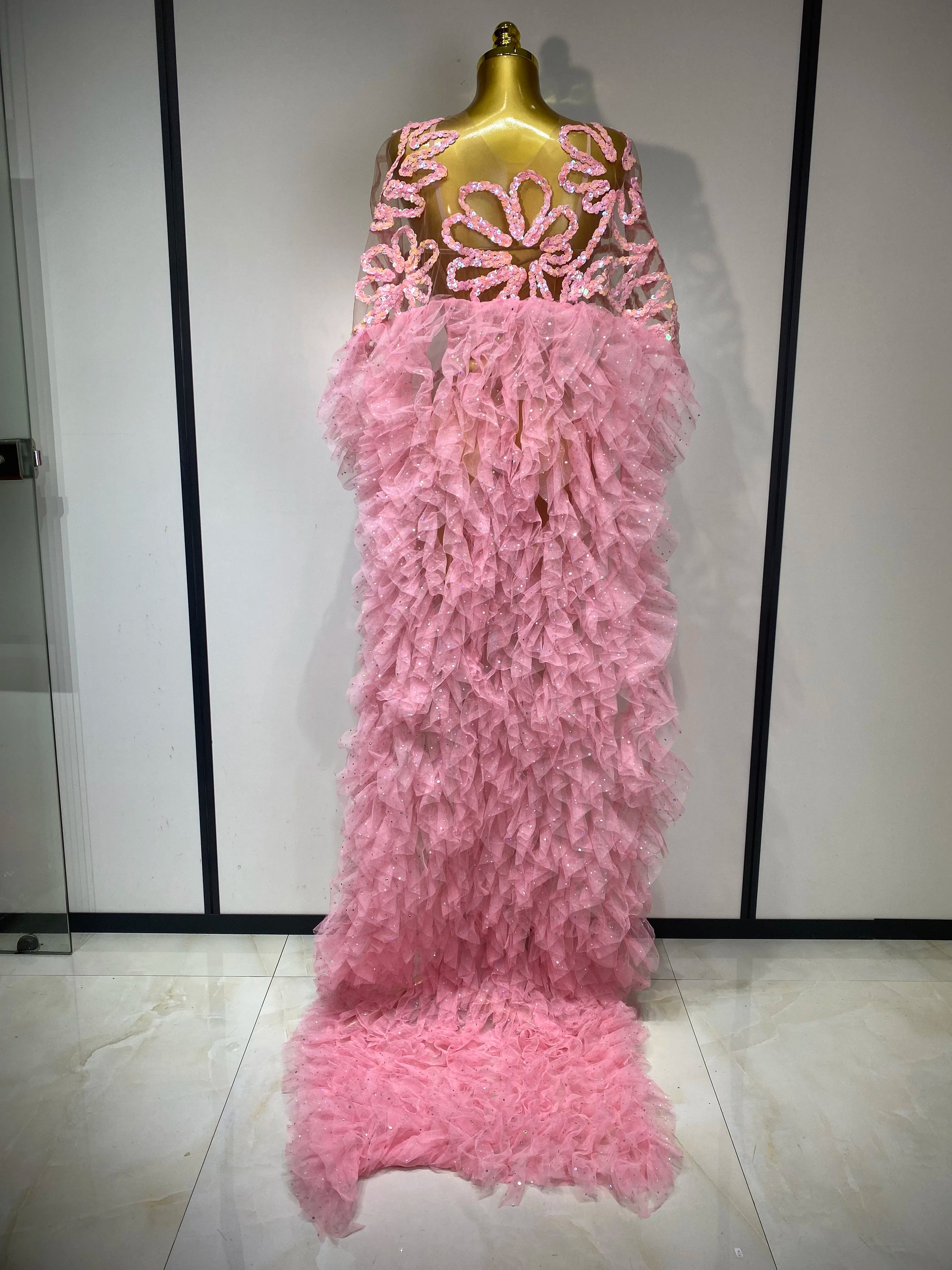 Women Sexy Mesh See Through Sequins Pink Maxi Long Dress Sparkly Sequin Evening Party Costume Stage Performance Birthday Dress