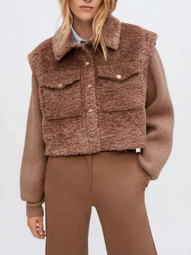 IOO Winter New Thick Warm Wool Fur Women Coats Knit Splice Turn-Down Collar Pocket Faux Fur Short Female Outwear Jackets Tops