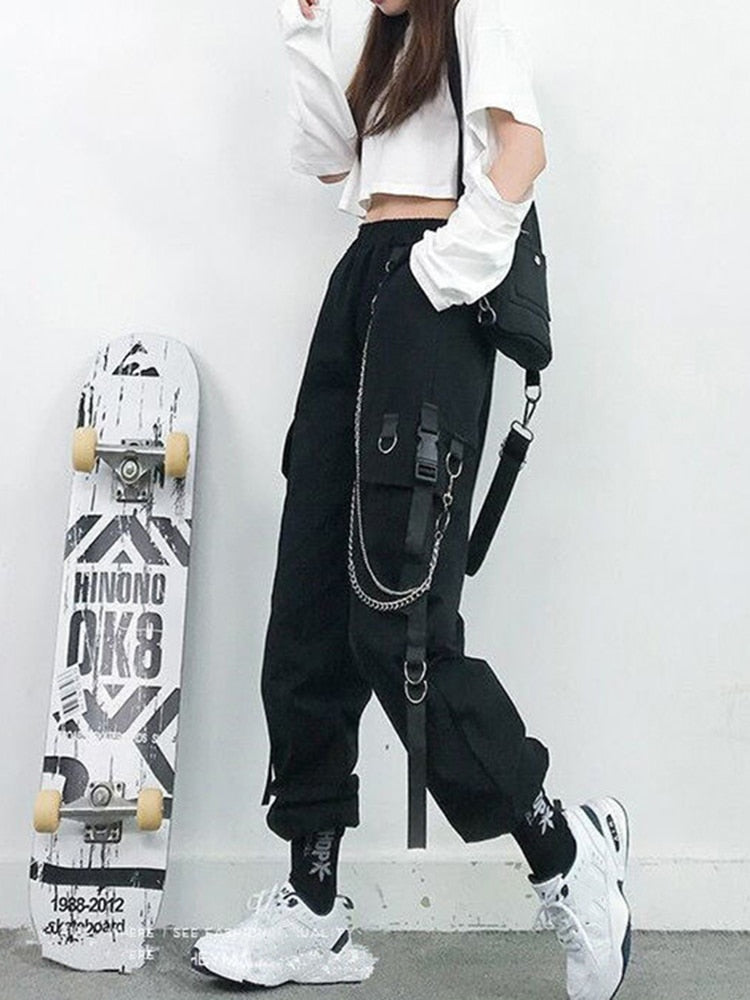 Pantalon Cargo sarouel pour femmes, mode Punk, poches, survêtement avec chaîne, Harajuku, élastique, taille haute, Streetwear