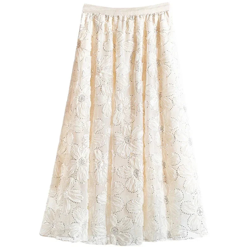 Lace Tulle Skirts New Spring A-Line Floral Embroidery Beading Shiny Sequins Mesh Tutu Skirt for Women Faldas Mujer Moda P416