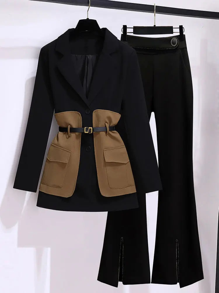 2023 Spring Belt Decorative Patchwork Jacket Blazer Casual Expansion Crying Two-piece Elegant Women Pants Suit Office Outfits 2pcs set black