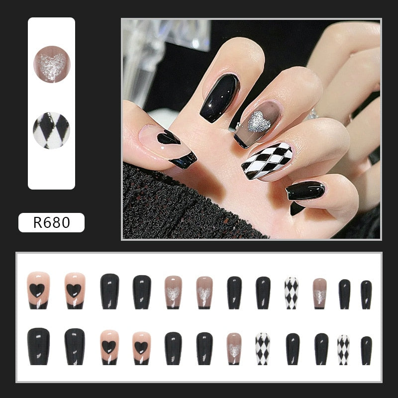 Y2k Fake Black Nail Long Ballet Reusable Adhesive Acrylic Press on set Nails Dark Acrylic Artificial False Nails Arts Tips 24pcs R680