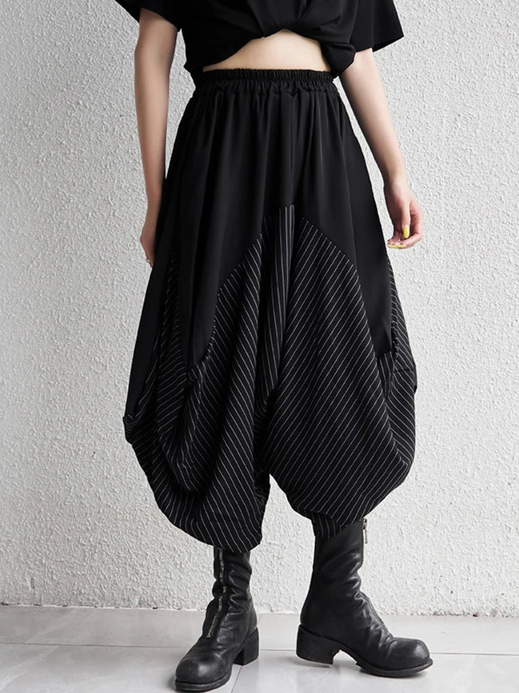 High Elastic Waist Black Striped Spliced Harem Trousers New Loose Fit Pants Women Fashion Tide Spring Summer 1DE0542 Black