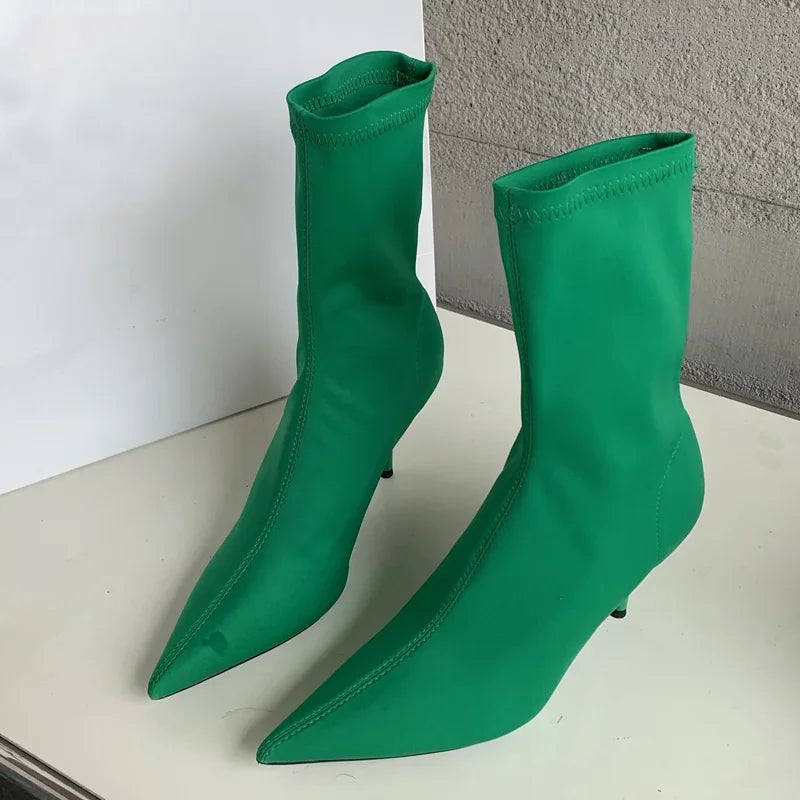 New Spring Autumn Stretch Fabric Women Ankle Boots Sexy Pointed Toe High Heels Fashion Female Socks Pumps Shoes Green