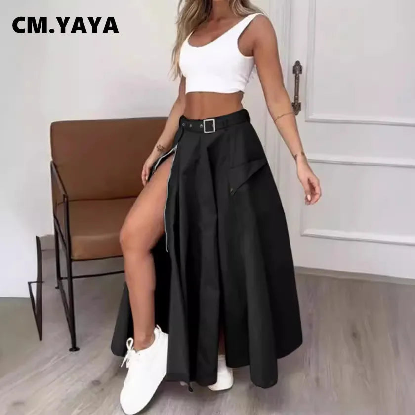Women Fashion Pocket Front Zipper Slit Slim High Waist Maxi Skirt Streetwear Casual Safari Solid Long Skirts