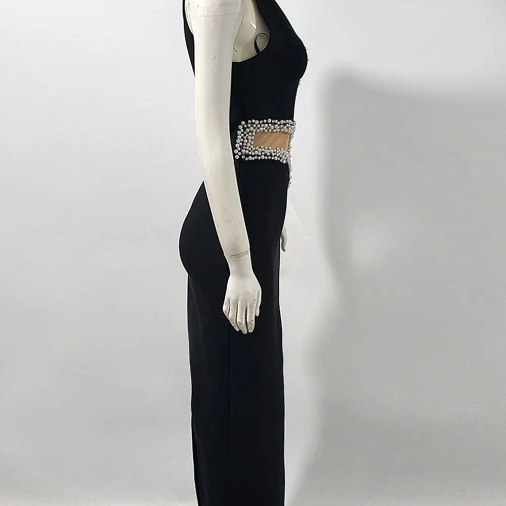 2025 Elegant Women's Light Luxury Nail Bead Patchwork Design Bandage Dress O-Neck Sleeveless Bodycon Long Dresses Party Vestidos