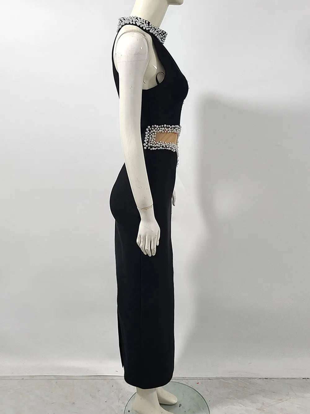 2025 Elegant Women's Light Luxury Nail Bead Patchwork Design Bandage Dress O-Neck Sleeveless Bodycon Long Dresses Party Vestidos