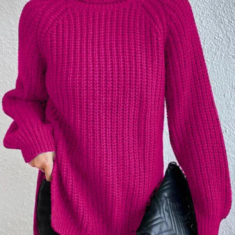 Women Winter Turtleneck Loose Sweater Elegant Drop Sleeve Side Split Pullover Vintage Harajuku Chic Jumpers Oversized knit Tops Rose red
