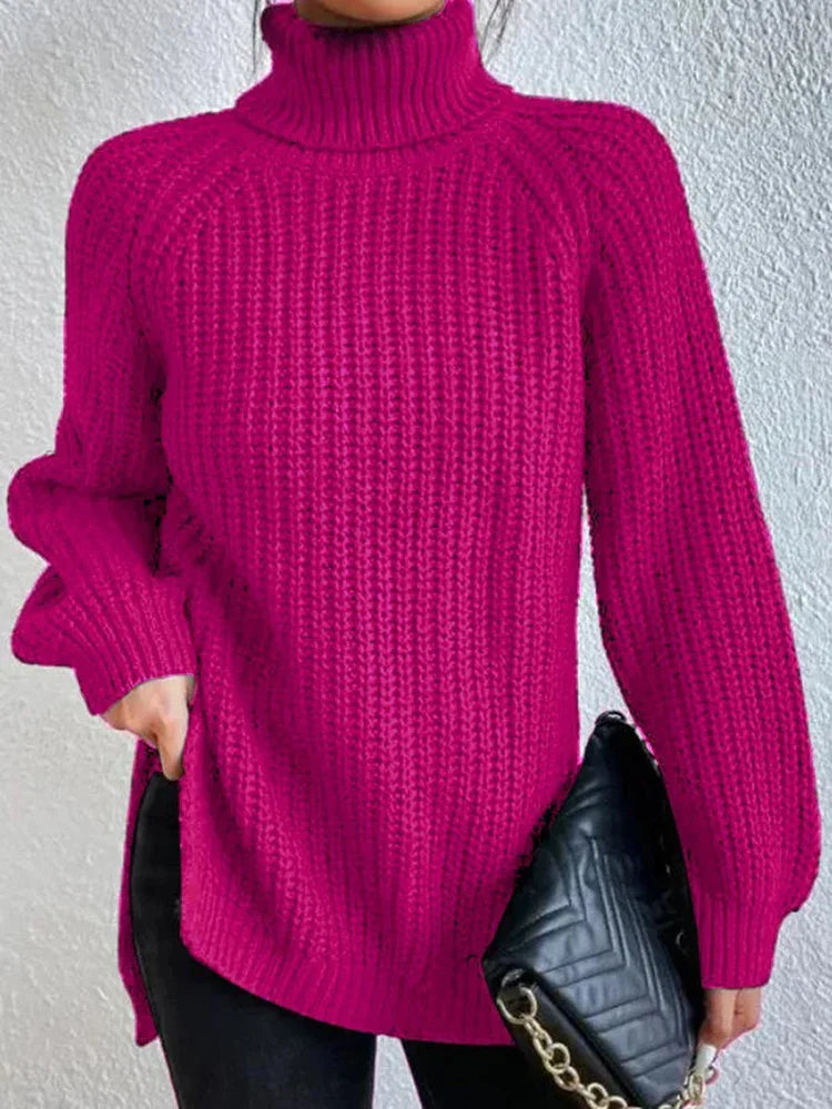 Women Winter Turtleneck Loose Sweater Elegant Drop Sleeve Side Split Pullover Vintage Harajuku Chic Jumpers Oversized knit Tops Rose red