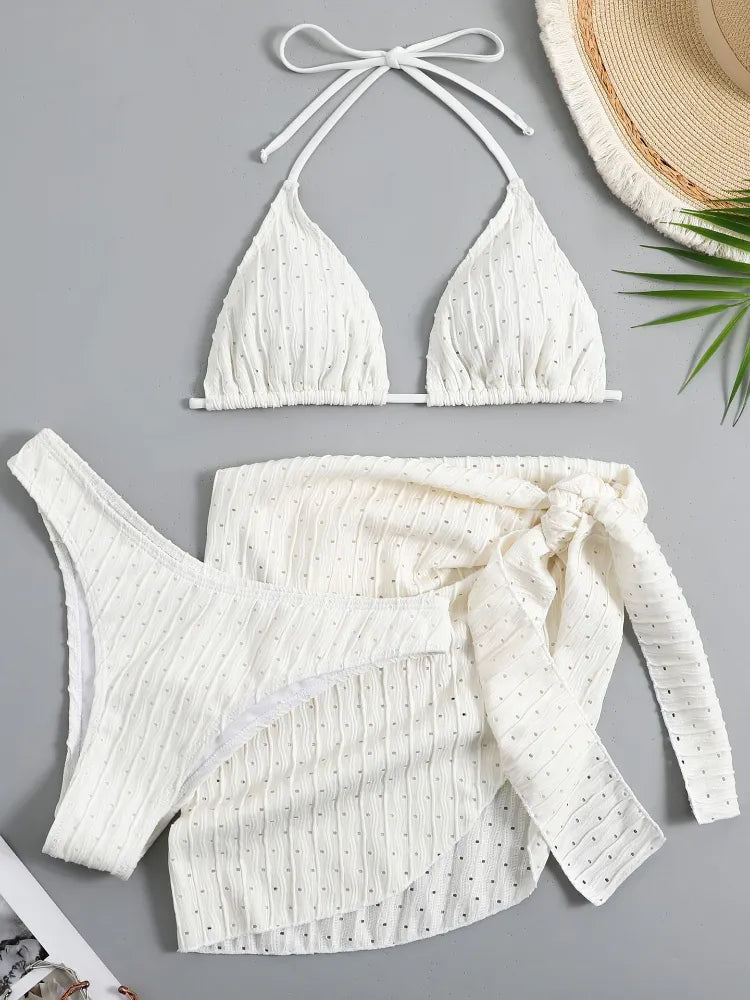 2023 New 3 Pieces Set Swimsuit Women Thong Swimwear Sexy Micro Bikini Set With Sarong Skirt White Beachwear Bathing Suit Pink white