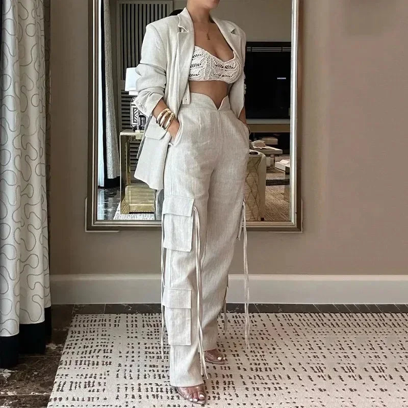 Fashion Women's Set Long Sleeve Blazer Suit and Wide Leg Cargo Pants 2023 OL Workout Two 2 Piece Sets Outfit Tracksuit WHITE
