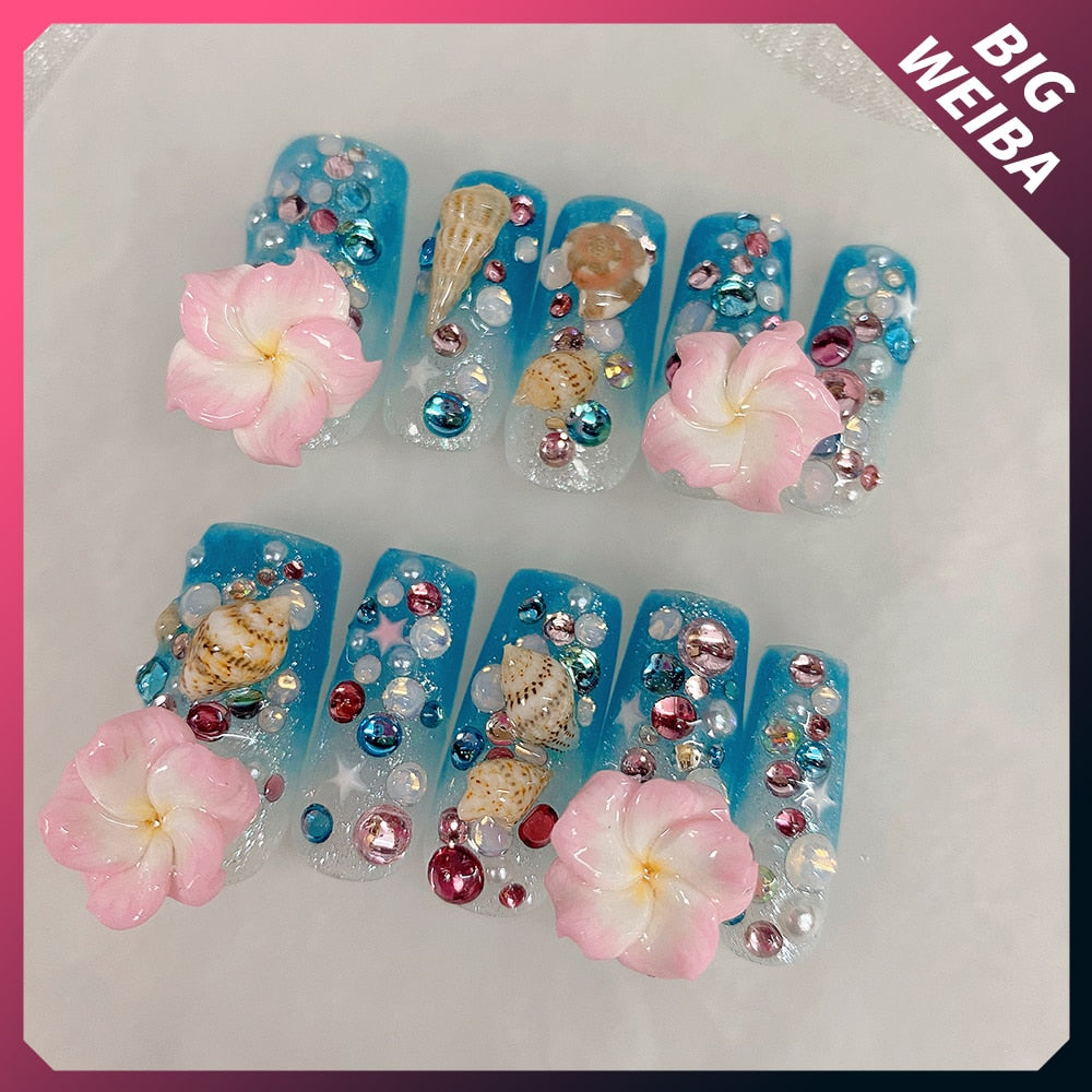 Été plage voyage vacances Hello Kitty conque ongles fille bleu jeunesse travail manuel personnalisable faux ongles fille soeur cadeau