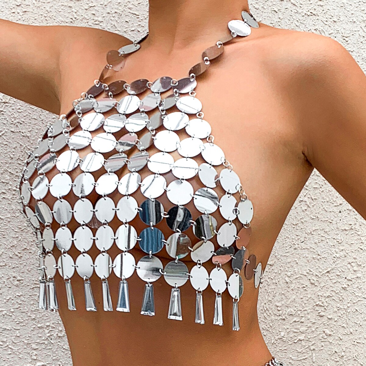 Sexy Acrylic Plastic Sequin Chest Bra Chain Dress Nightclub Party Show Festival Outfit Dance Costume Stage Wear Body Jewelry New Silver Top 1