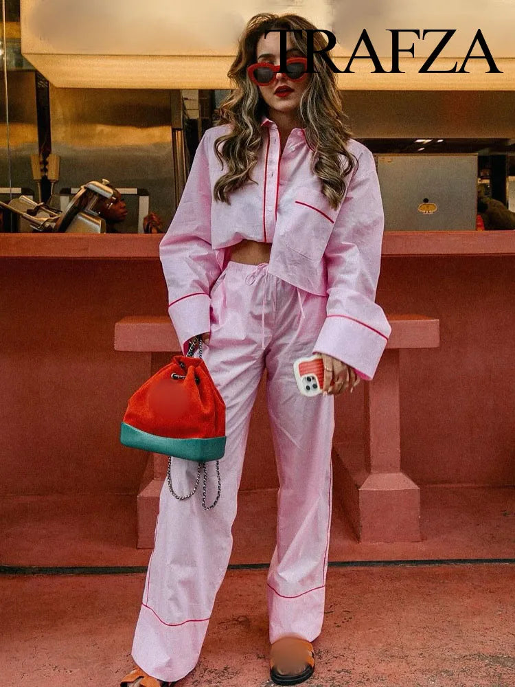 TRAFZA Woman New Fashion Suits Pink Turn-Down Collar Long Sleeves Single Breasted Short Shirts+Mid Waist Lace-Up Wide Leg Pants
