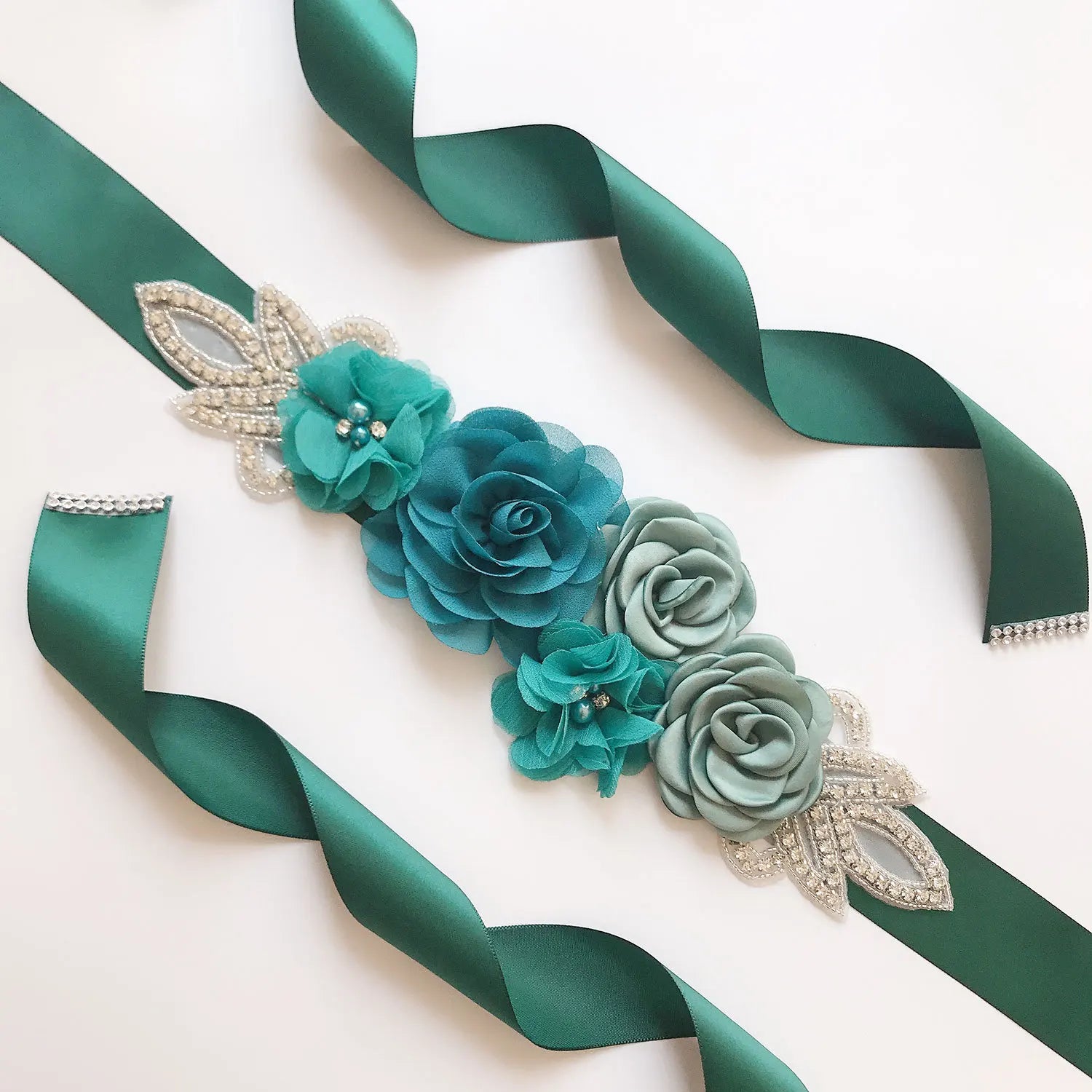 Wedding Accessories Bridal Belts Satin Flower Sash Woman Girl Belts Flower Bead Belts Floral Belt Wedding Rhinestone Flower Belt 1-Green