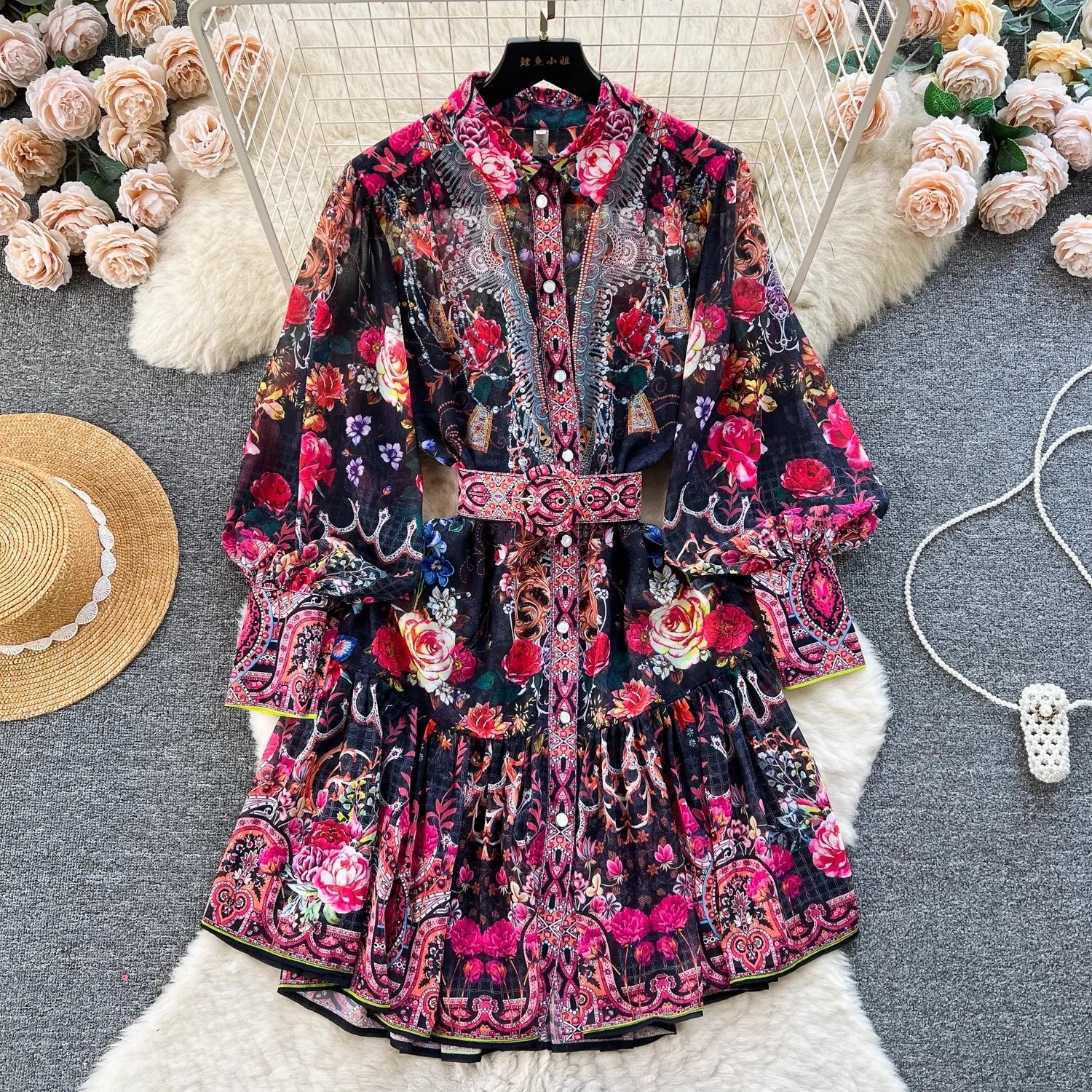 Summer Gorgeous Holiday Beach Mini Dress Women's Stand Long Lantern Sleeve Vintage Print Belt Lace Up Chiffon Loose Vestido 6259 black