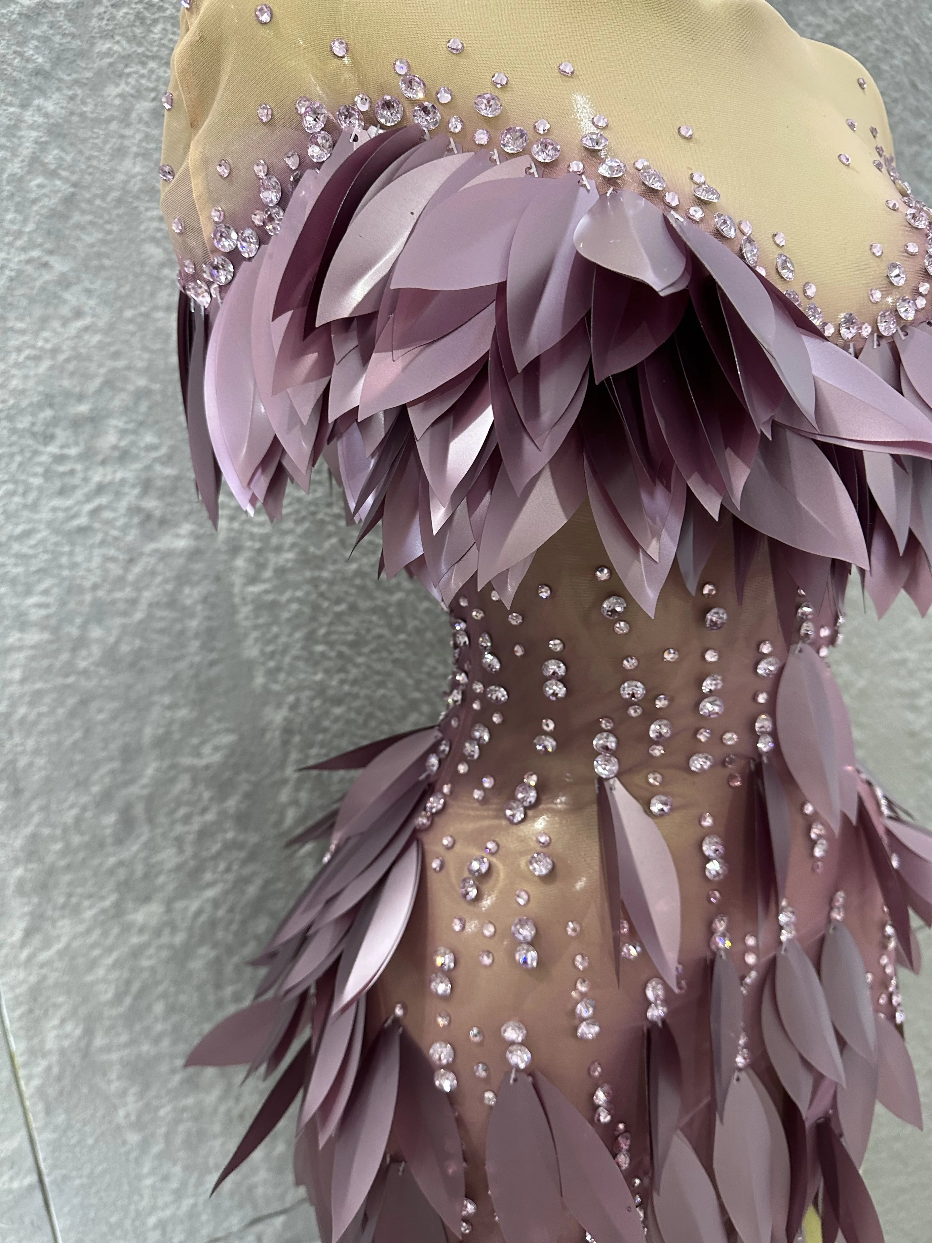Sparkly 2026 Purple Sheer Mesh Dress Women Sexy Illusion Neck Rhinestone 3D Leaf Fringe Bodycon Evening Gala Nightclub Outfit