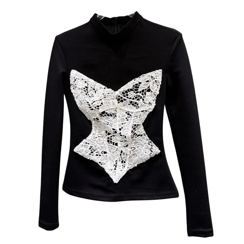 Winter New Fashionable Lace Patchwork High Neck Long Sleeve T-Shirt For Women Slim Fit Versatile Tops Female 11A07652