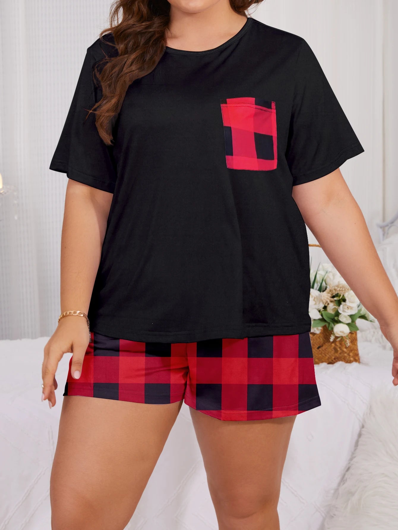 Plus size pajama set Plus size short sleeved shorts Plus size home clothing Plus size milk silk set New 2024 black suit