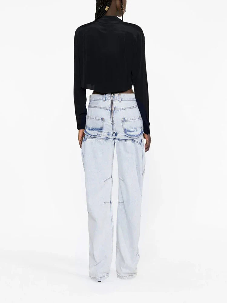 CHICEVER Minimalist Loose Denim Trouser For Women High Waist Patchwork Pockets Irregular Casual Solid Pant Female Summer Clothes