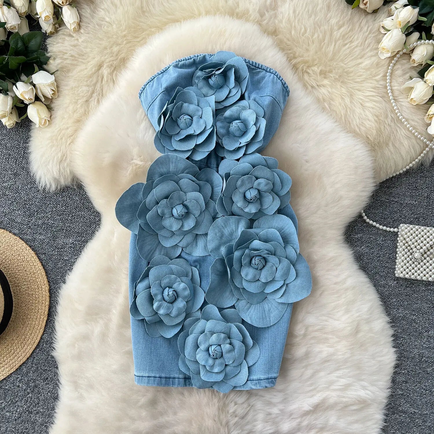 Elegant 3D Flower Rose Short Party Dresses Women Summer Holiday Sleeveless Strapless Corset Blue Denim Jeans Dress Mini Vestidos Blue