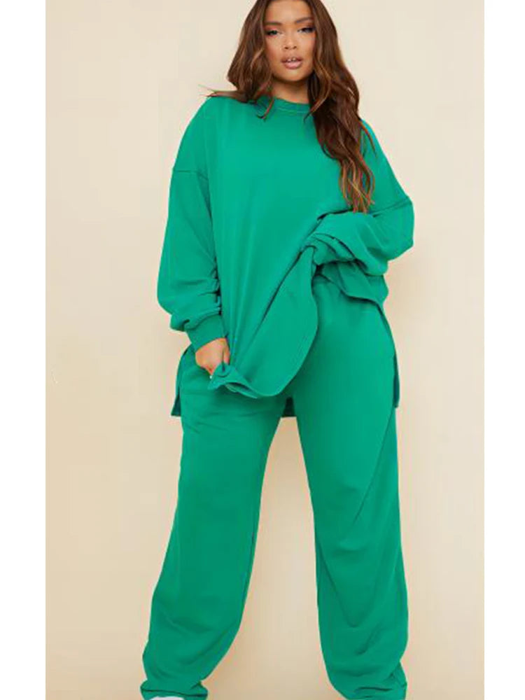 Women's Plus Size Casual Sport Matching Set Cargo Pant and Long Hooded Round Neck Two Piece Set Solid Leisure Loose Outfit Set Green