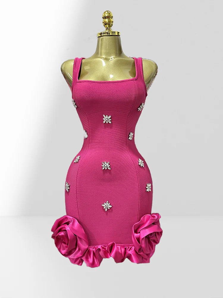 2025 Summer Shining Diamonds Sleeveless Sexy Bodycon Mini Bandage Dress Ruffles Celebrate Evening Party Birthday Outfit Vestido Rose Red