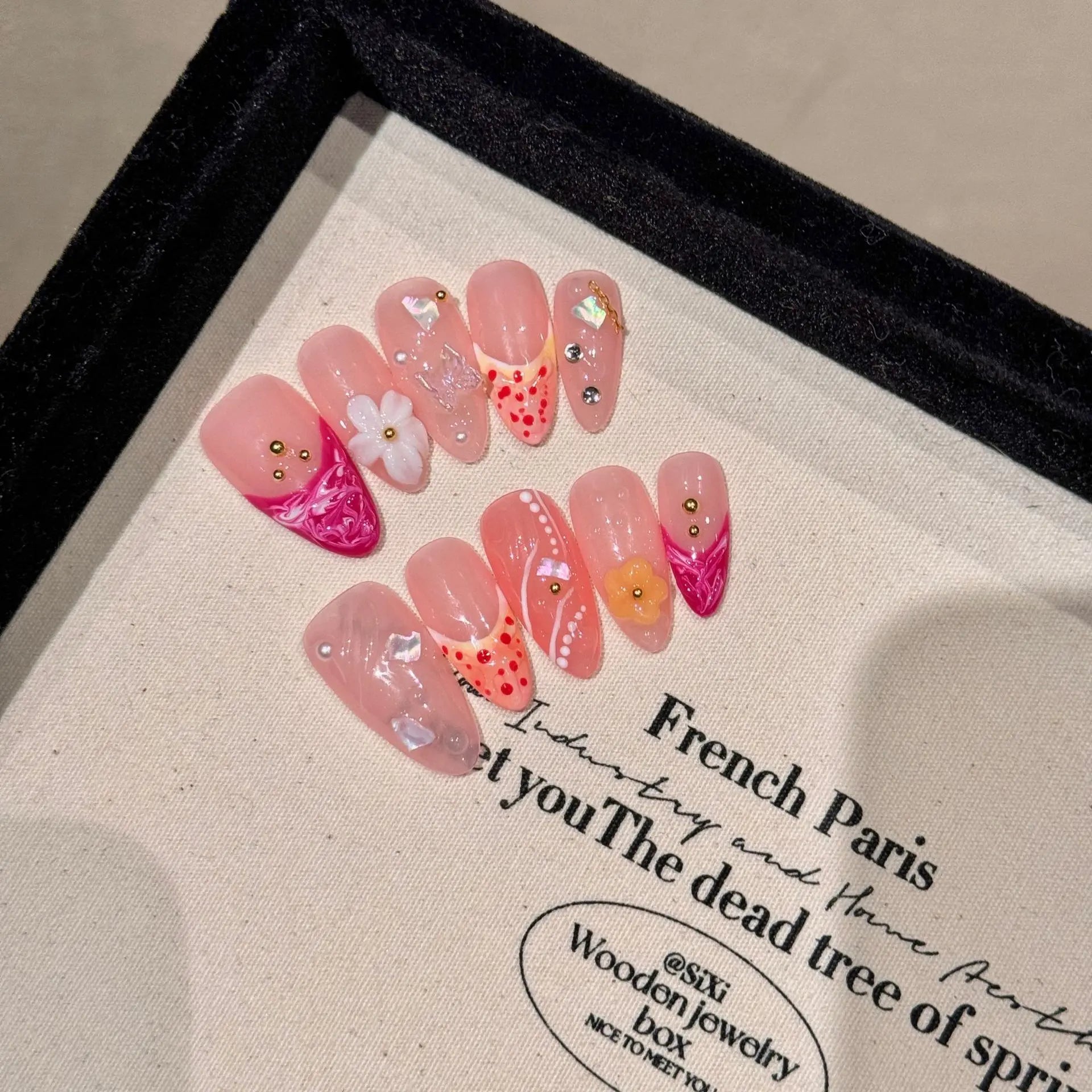 10Pcs Dreamy Ballerina Almond Handmade Gel Nail Glitter False Nails with Diamond Sweet Aurora French Press on Nail Manicure Tips