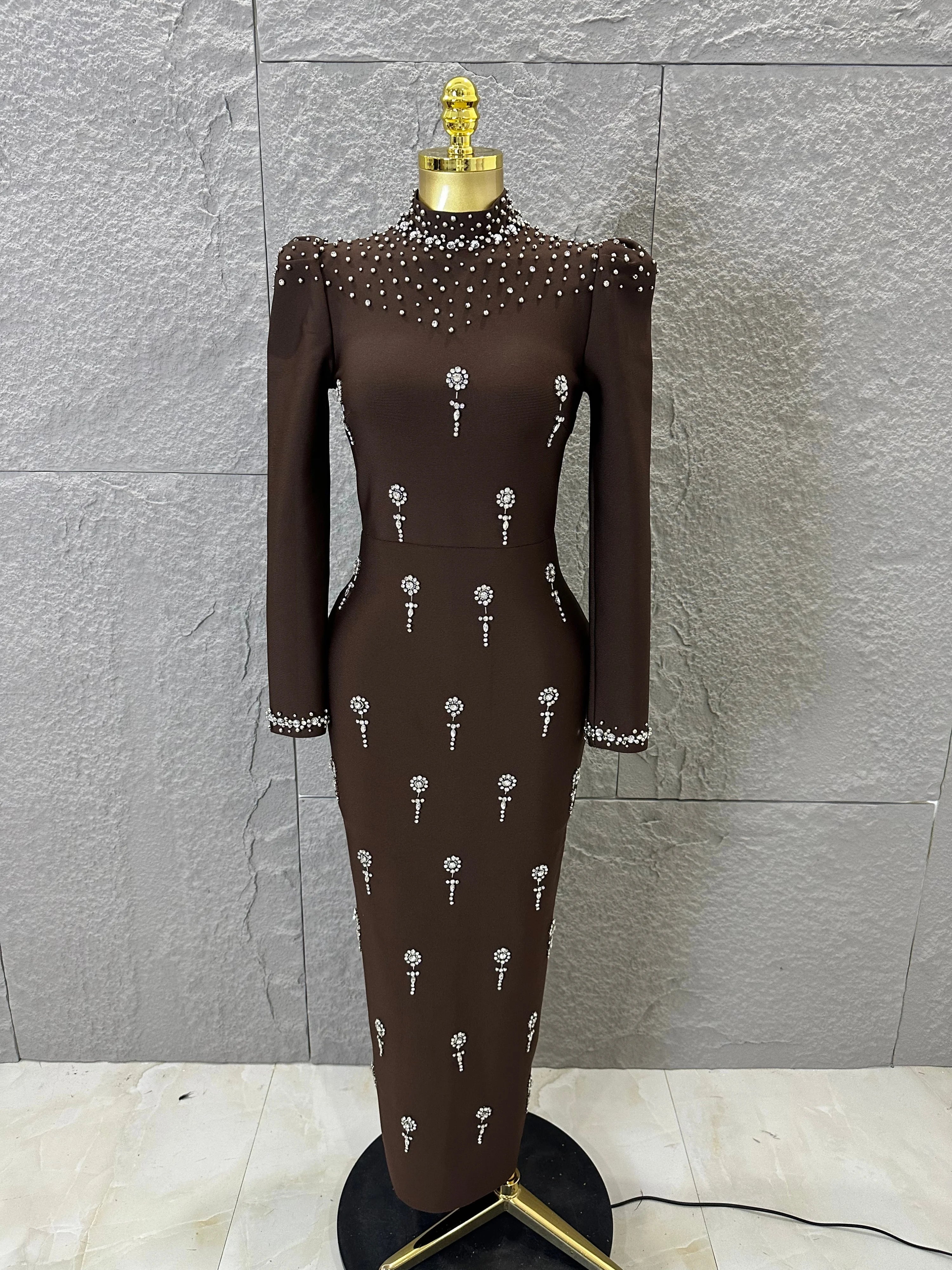 Sophisticated Brown High Neck Maxi Dress Women Sexy Long Sleeve Crystal Pearl Embellished Bodycon Outfit Cocktail Party Costume Brown