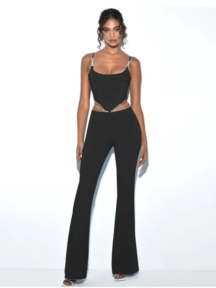 Shiny Chain Sling Sleeveless Cropped Top and Pants 2 Piece Set 2022 New Summer Women's Sexy Club Party Pants Set Outfits black