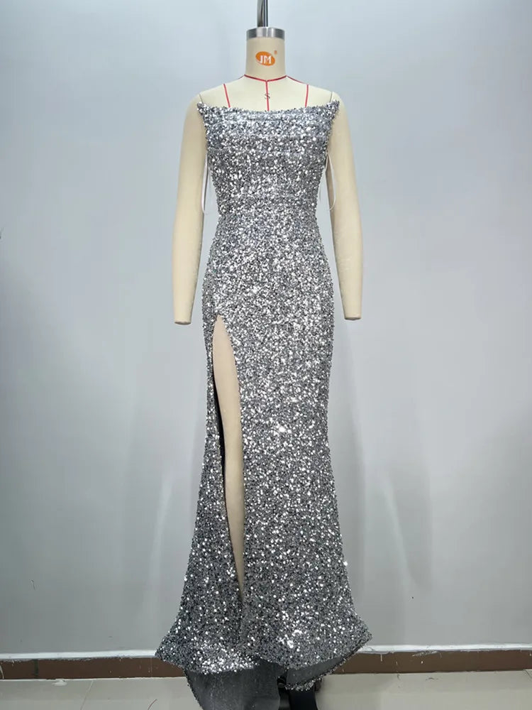 Women Sexy Strapless Backless Mesh Sequins Maxi Long Silver Bodycon Dress 2024 Elegant Party Evening Stage Performance Vestido