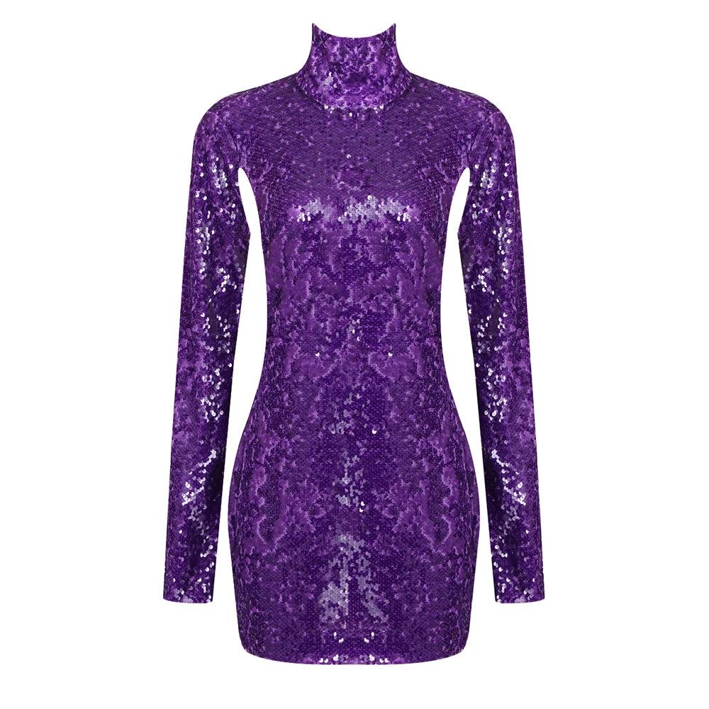 Backless Sexy Dress For Women Evening Party Gown Purple Sequins Sparkle Long Sleeves Slim Mini Dress PURPLE