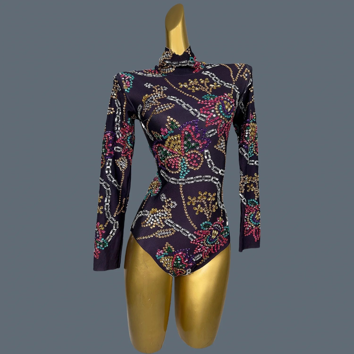 Shinning Fancy Crystals Bodysuit For Women Spandex Leotard Party Nightclub Stage Performance Showgirl Stretchy Bodysuits Jingu black