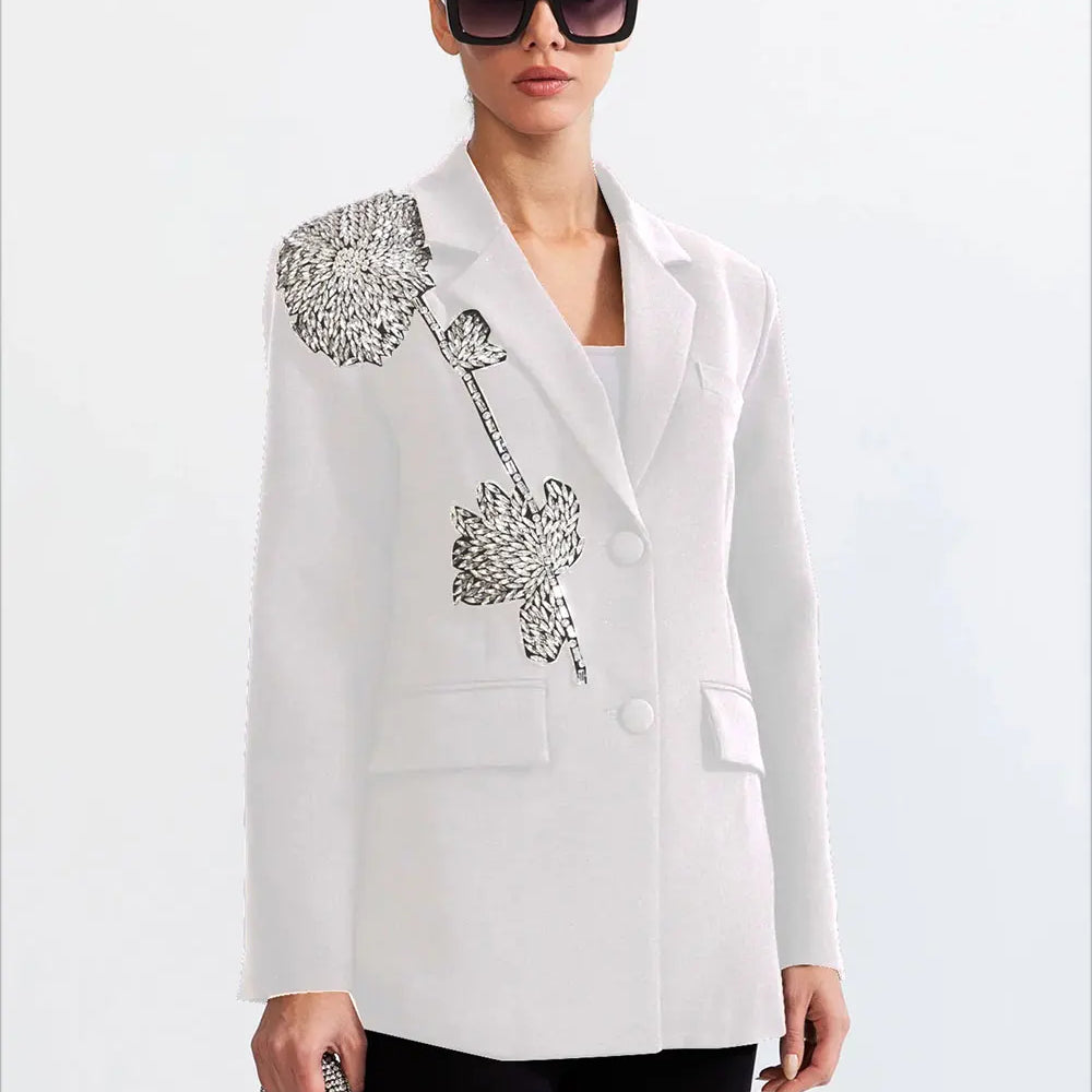 2025 Elegant Women Office OL Blazer Polo Collar Long Sleeve Slim Fit Single breasted Stereoscopic Water Diamond Flower Suit Coat