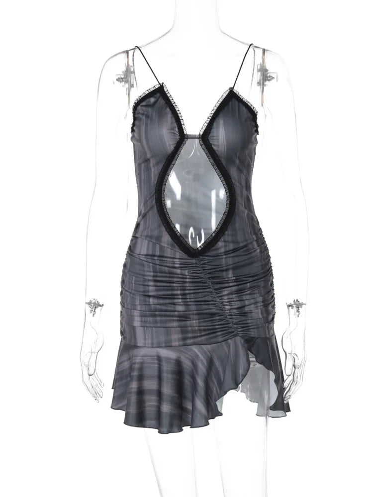 Mozision Hollow Out Spaghetti Strap Sexy Mini Dress For Women Off-shoulder Strapless Ruffled Ruched Skinny Split Dress Vestido