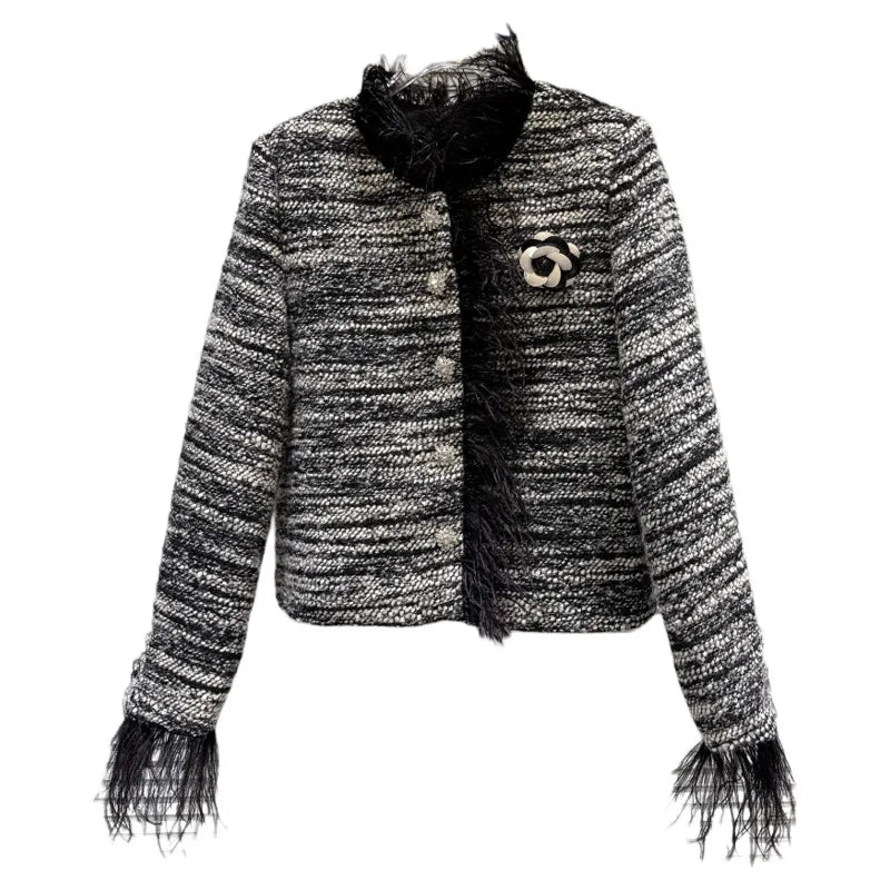Winter New Fashion Style Ostrich Feather Edge Woven Tweed Cotton Liner Short Coat For Women Versatile Jacket 11A07865