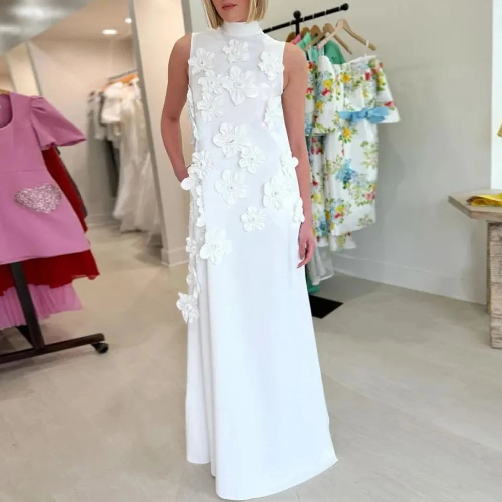 Patchwork Appliques Chic Dress For Women Stand Collar Sleeveless High Waist Spliced Lace Up Elegant Dresses Female WHITE