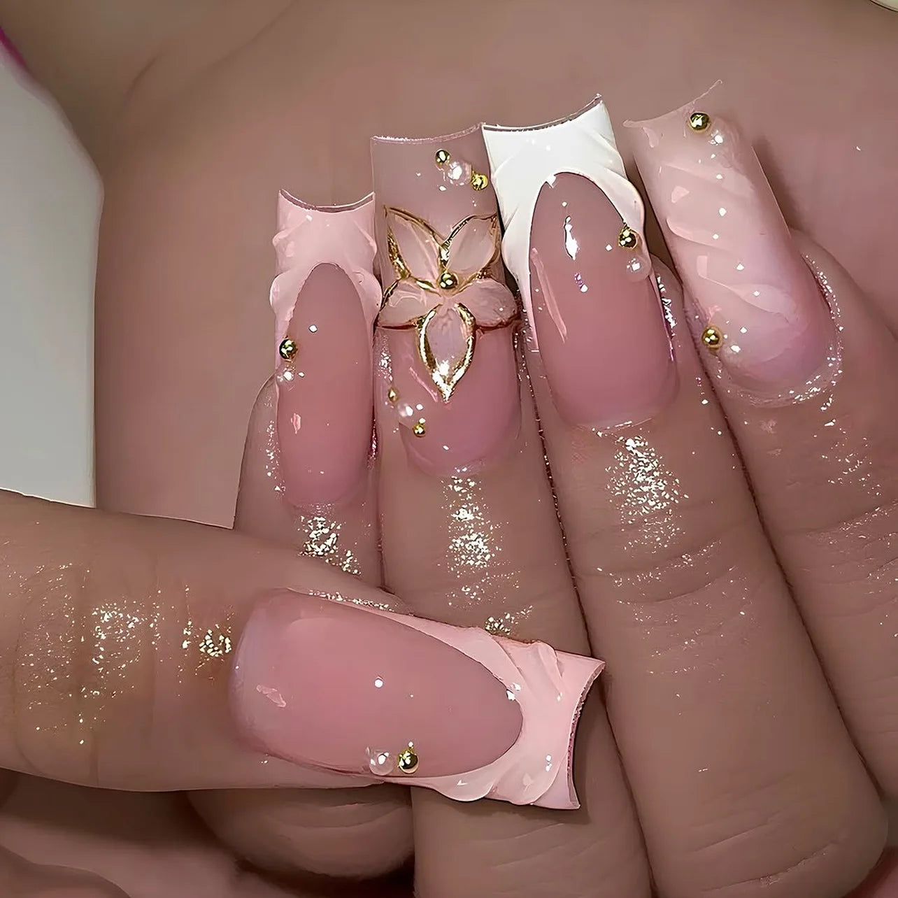 24pcs Short French Press on Nails with 3D Flower Design Fake Nail Tips Wearable Full Cover European Coffin Ballet Fake Nails 1