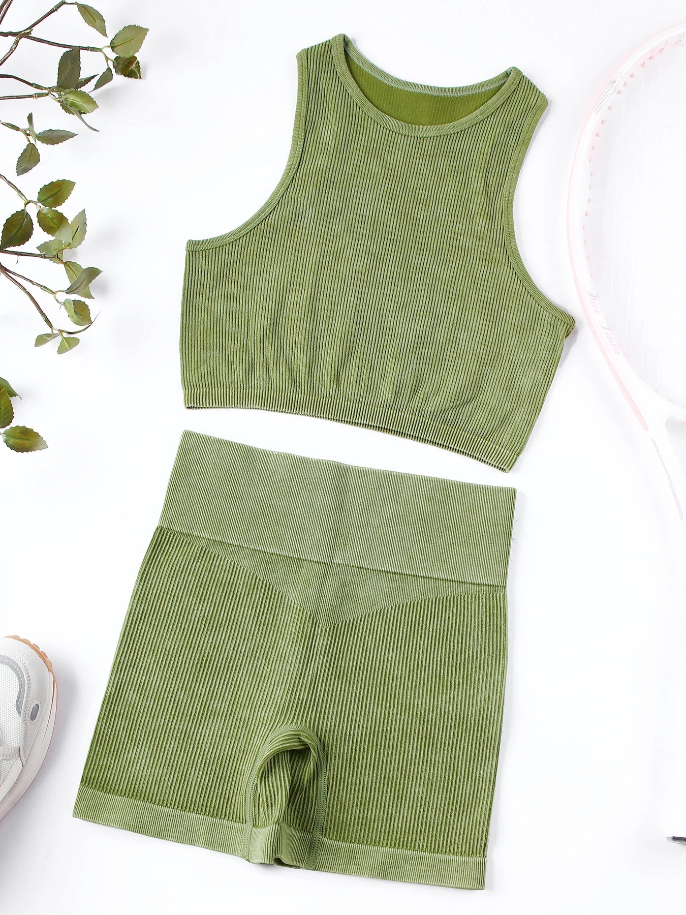 SALSPOR Wash Fitness Summer Sport Outfit for Woman High Waist Stretch Yoga Gym Set Women Activewear Running Outdoors Shorts Sets Green