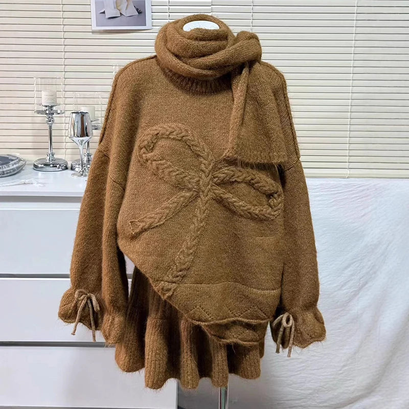 Autumn Winter New Style Scarf Bow Sweater Pullover Solid Color Knitted Skirt Three-Piece Set Set For Women 11A07911 Coffee One Size