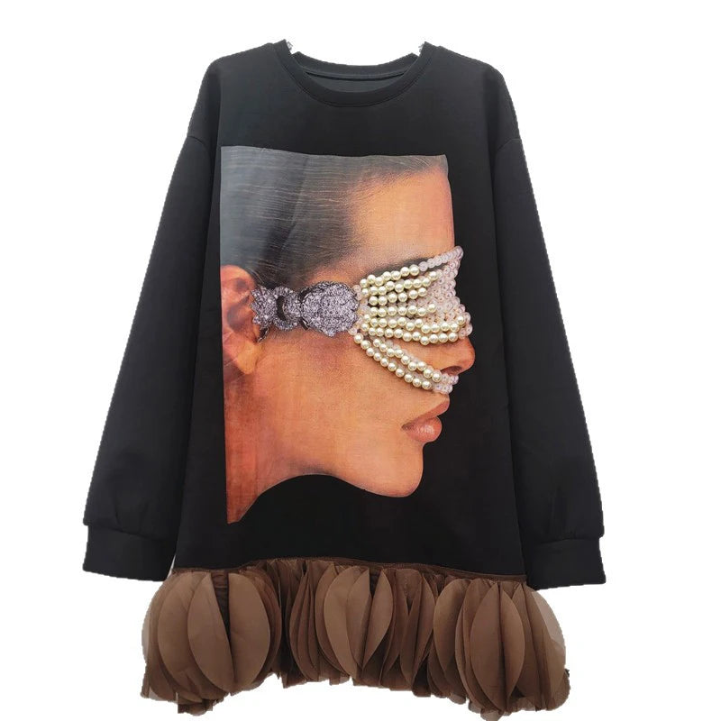 Autumn New Design Long Sleeve Loose Printed Mesh Lace Sweatshirt For Women Versatile Casual Pullover Trend 11A07706