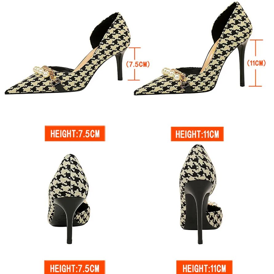 Spring Women Pumps Pearl Metal Chain High-heels Checked Grain Stilettos Women's Heels Luxury Banquet Shoes 43