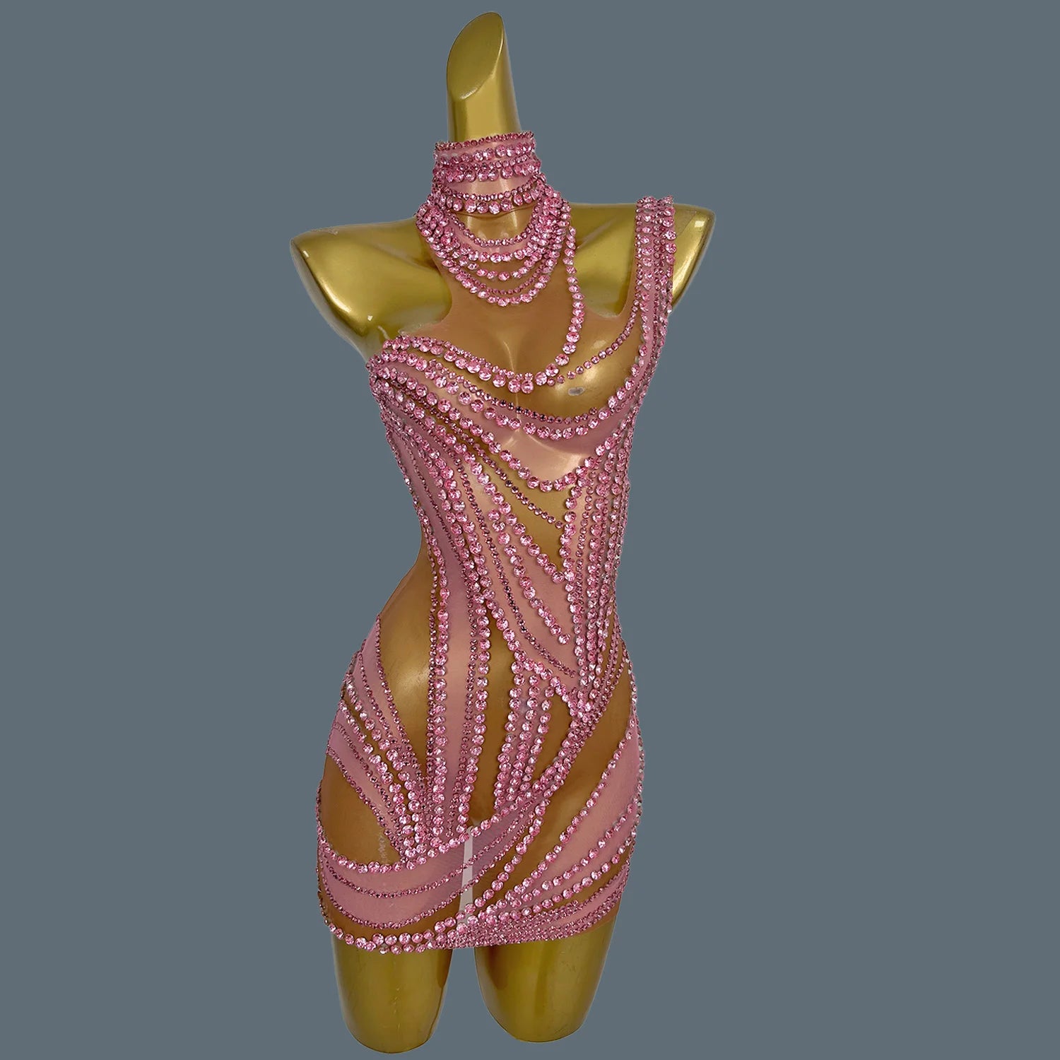 Sparkly Rhinestone Mini Dress Sexy Mesh See Through Party Event Prom Celebrate Birthday Dress Singer Show Wear Liuzhuan Pink One Size