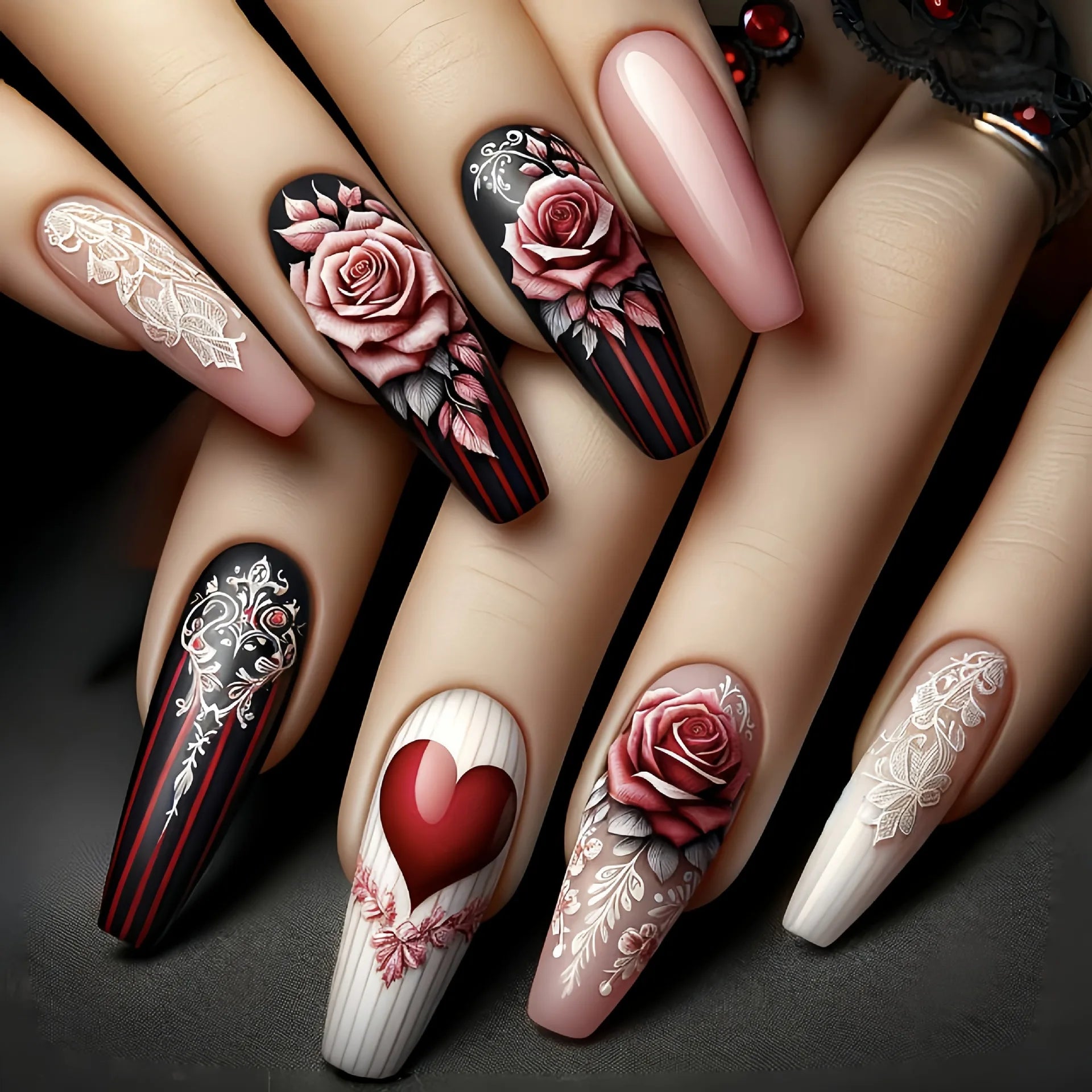 24pcs/set medium long fake nails for women cute gradient pink red heart rose flowers for Valentine's Day press on acrylic nails 1767