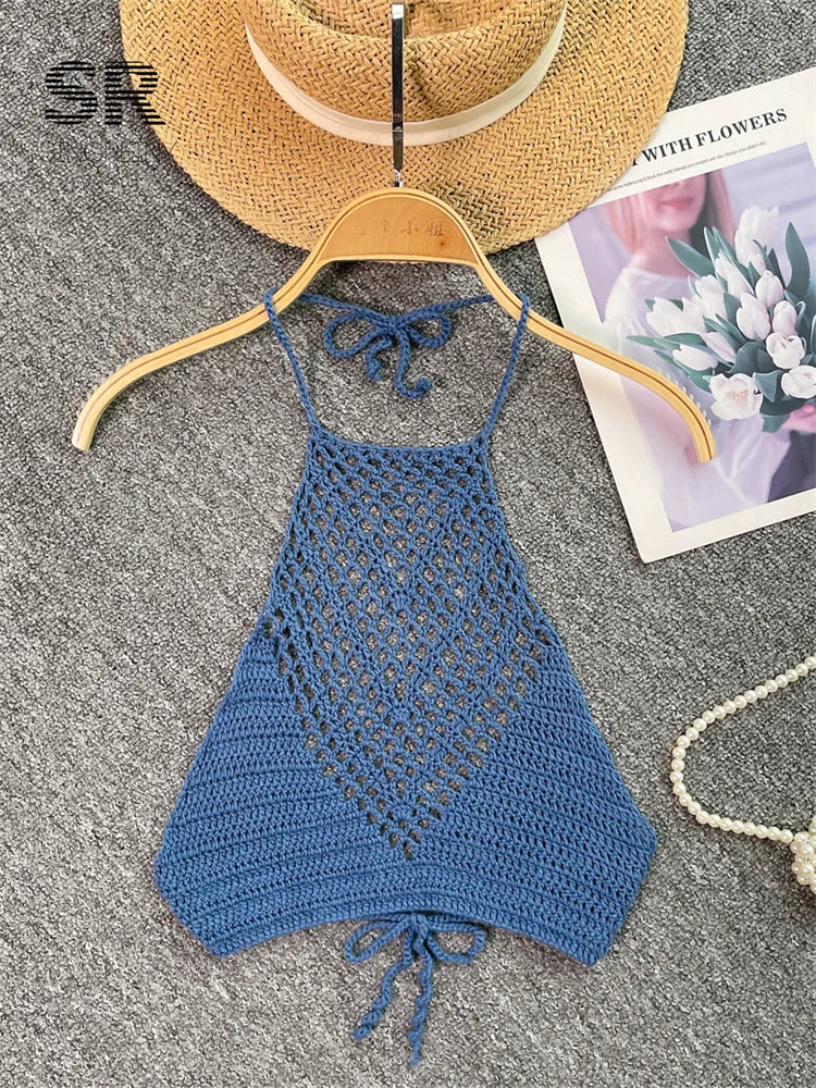 SINGREINY Summer Knit Camisole Women Hollow Out Design Solid Backless Halter Retro Fashion Ladies Sexy Beach Slim Tank Top blue One Size