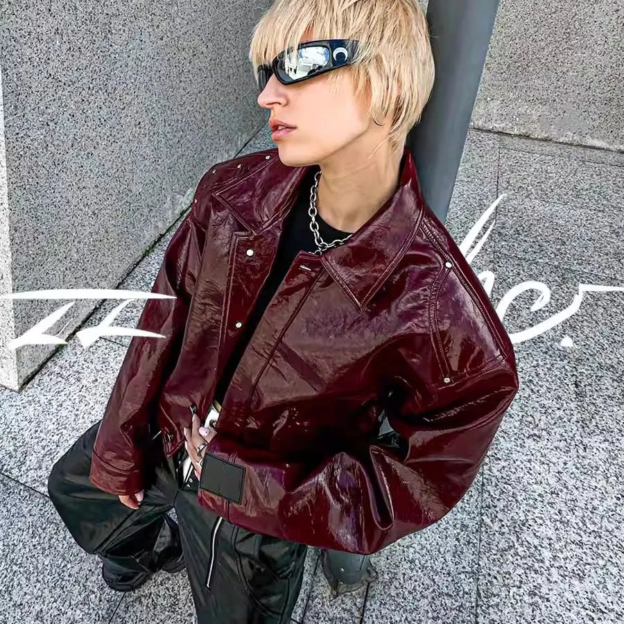 Lautaro Autumn Cool Short Oversized Pu Leather Jacket Women Shoulder Pads Zippper High Quality American Retro Punk Style Clothes