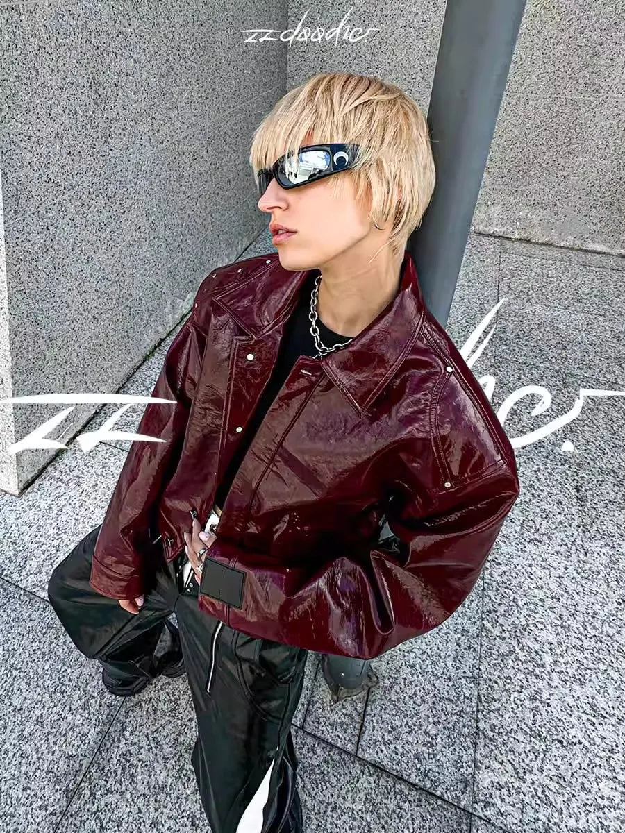 Lautaro Autumn Cool Short Oversized Pu Leather Jacket Women Shoulder Pads Zippper High Quality American Retro Punk Style Clothes