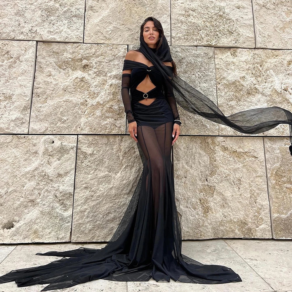 New Fashion Black Color Women Strapless Sexy Mesh Wid Leg Pants Long Jumpsuit Elegant Evening Party Celebrate Photo Shoot Wear