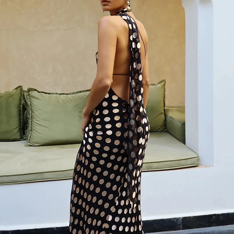 Round Plaid Printed Maxi Dress For Women Gown Halter Off-shoulder Sleeveless Backless Evening Club Long Dress Elegant